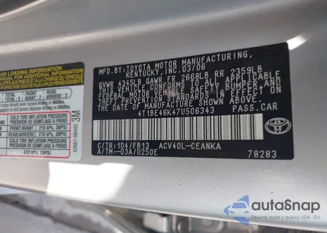 2007 Toyota Camry Le from USA, damaged, VIN 4T1BE46K47U506343